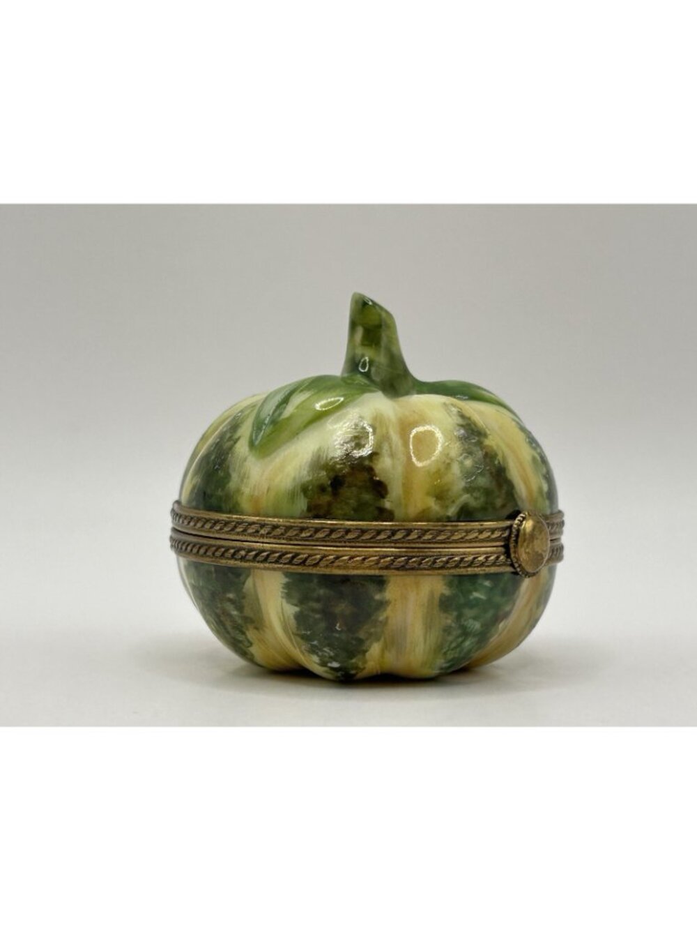 Limoges France Pumpkin Squash Trinket Box Peint Main Hinged Porcelain Green Gift - Picture 7 of 16
